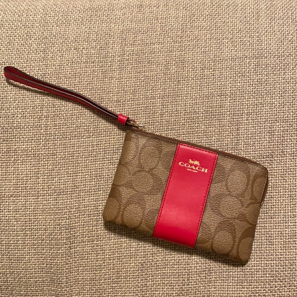 Coach Corner Zip Wristlet Hand Purse Wallet with Signature Canvas Leather